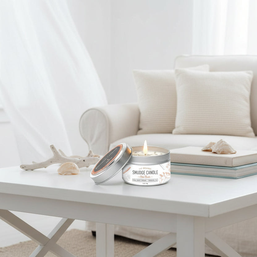 Sacred Smudge soy candle with palo santo fragrance for cleansing negative energy