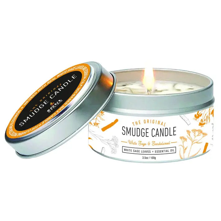 Sacred Smudge soy candle with white sage and sandalwood for energy cleansing