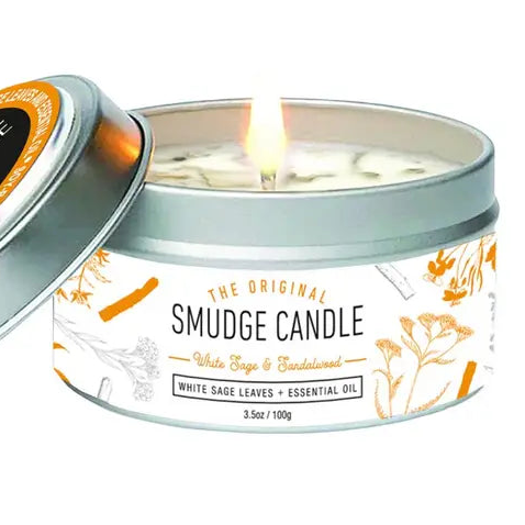 Sacred Smudge soy candle with white sage and sandalwood for energy cleansing