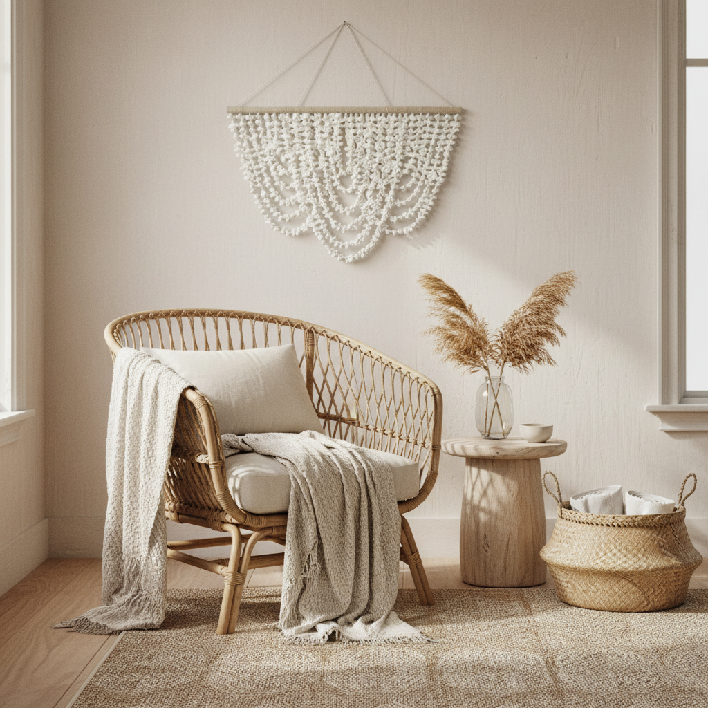 Handmade Balinese shell waterfall wall hanging with natural shells, woven jute hanger, and floating curtain design.