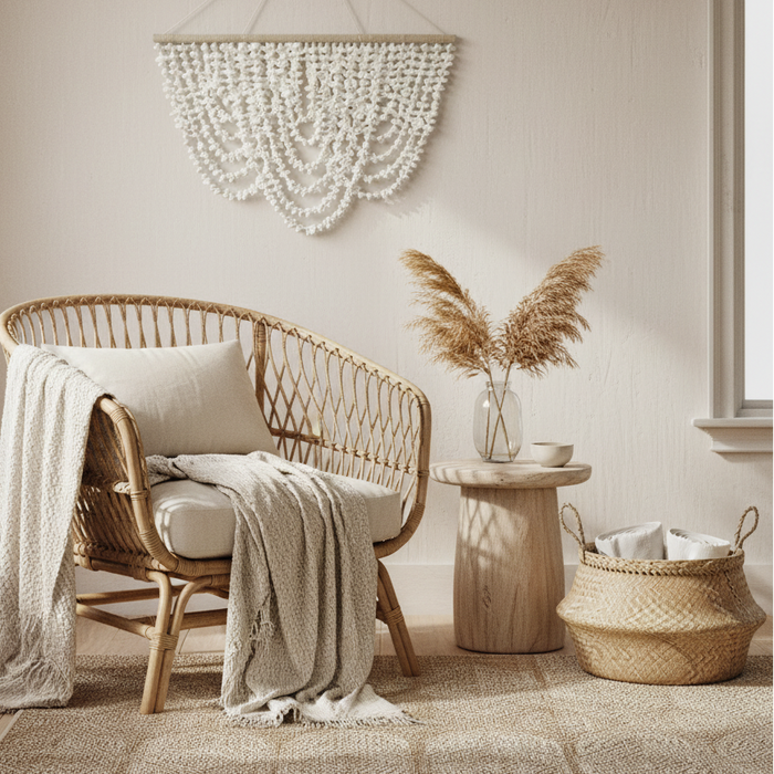 Coastal boho wall décor made from hundreds of tiny shells with a natural jute hanger and transparent floating design.