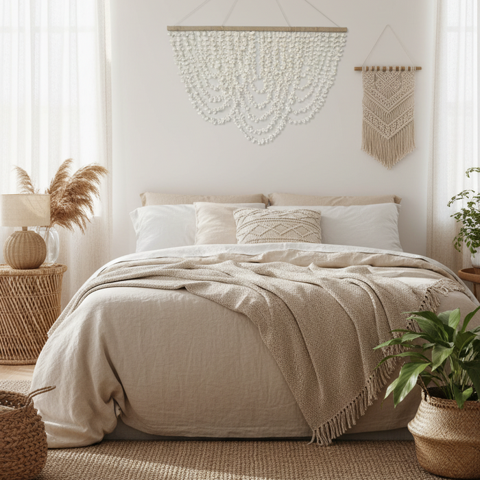 Coastal boho wall décor made from hundreds of tiny shells with a natural jute hanger and transparent floating design.