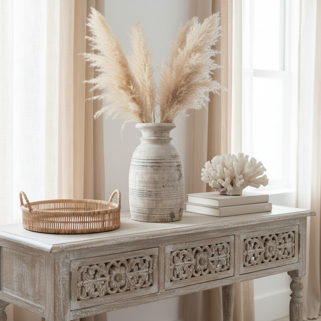Vintage Indian Bleached Wooden Pot unique one of a kind statement decor piece for coastal boho and beach house interiors