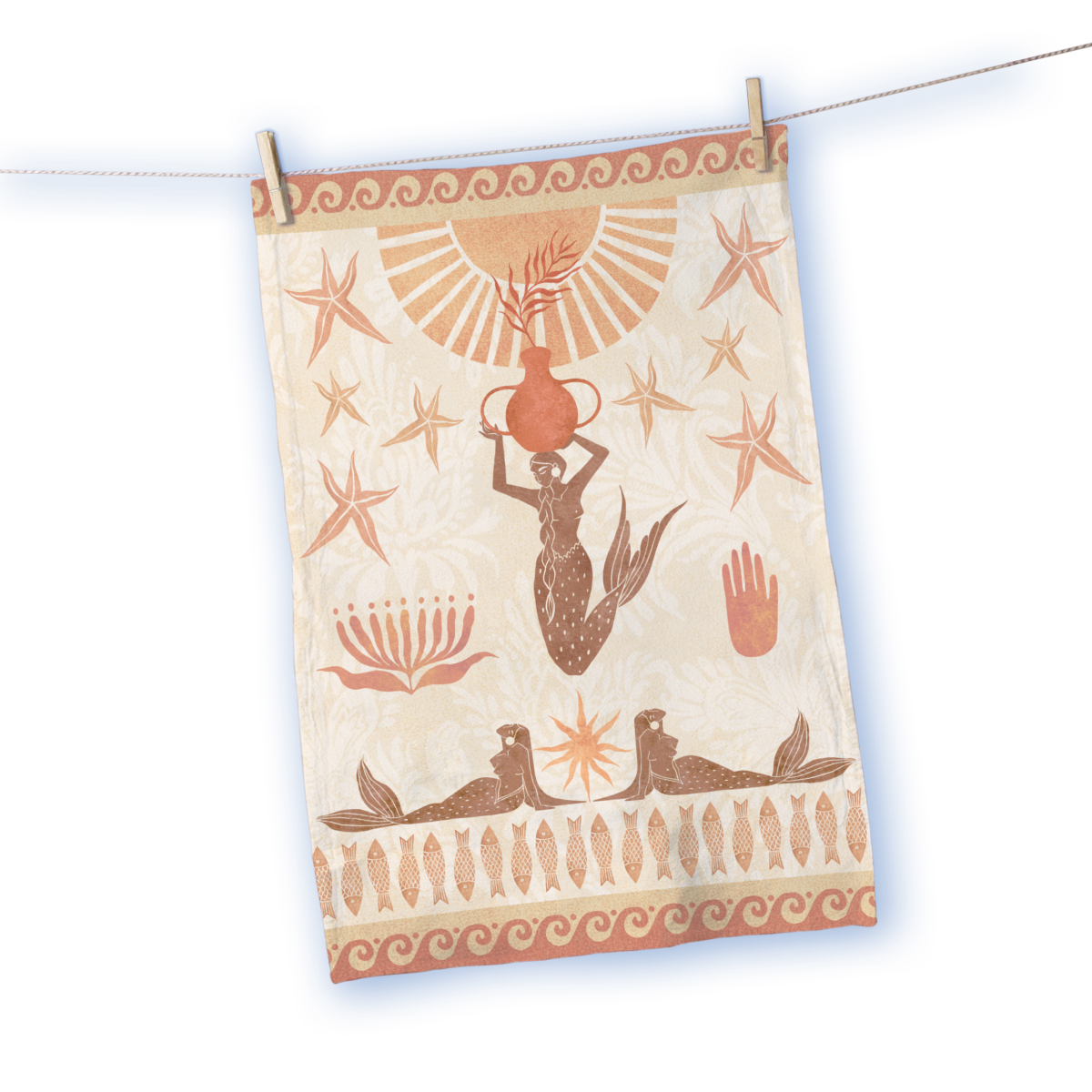 Mermaid Stamp Print Tea Towel