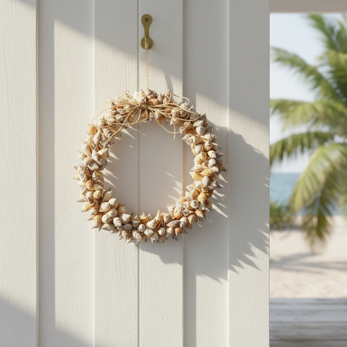 Handcrafted natural shell wreath with jute rope detailing. Approx. 30cm, perfect for coastal, Hamptons and neutral home styling.