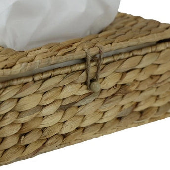 Water Hyacinth Woven tissue box cover with tissues.