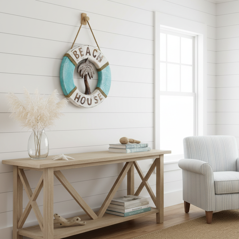 Decorative sign with 'Beach House' text life buoy with palm tree design for coastal australian beach house interiors and exteriors