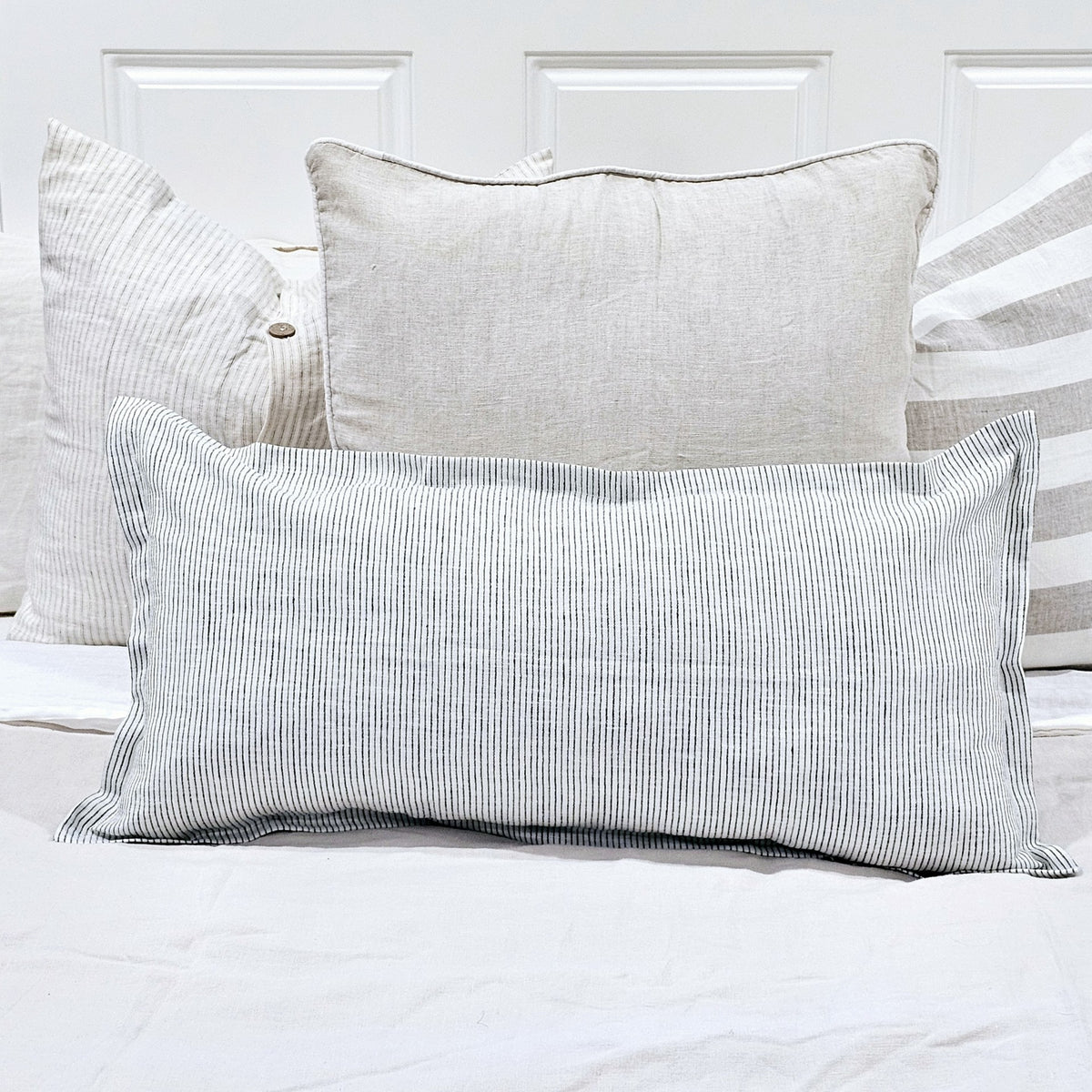 Maelle French Flax Linen Cushion Cover | Charcoal Pinstripe