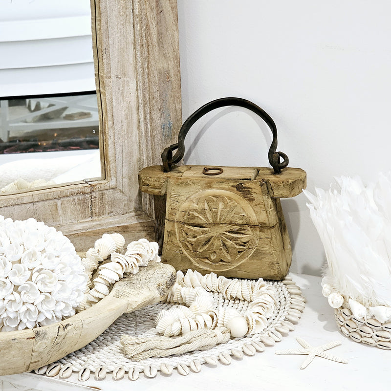 Bleached Vintage Indian Carved Oil Pot.
