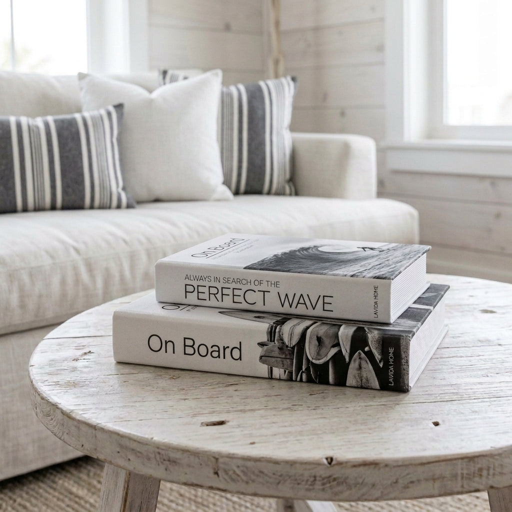 Add beach shack charm to your home with monochromatic surfer book boxes. Featuring vintage surf photography and hidden storage, perfect for coastal styling or gifting.