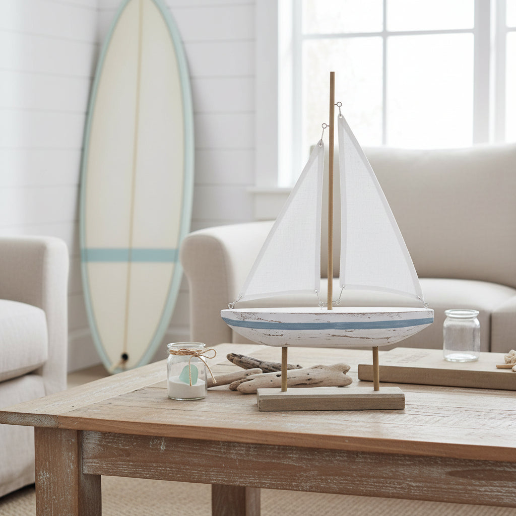 Rustic white sailing boat on stand coastal Hamptons decor wooden and metal nautical ornament