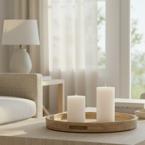 Textured white pillar candle on a wooden tray in a neutral coastal home