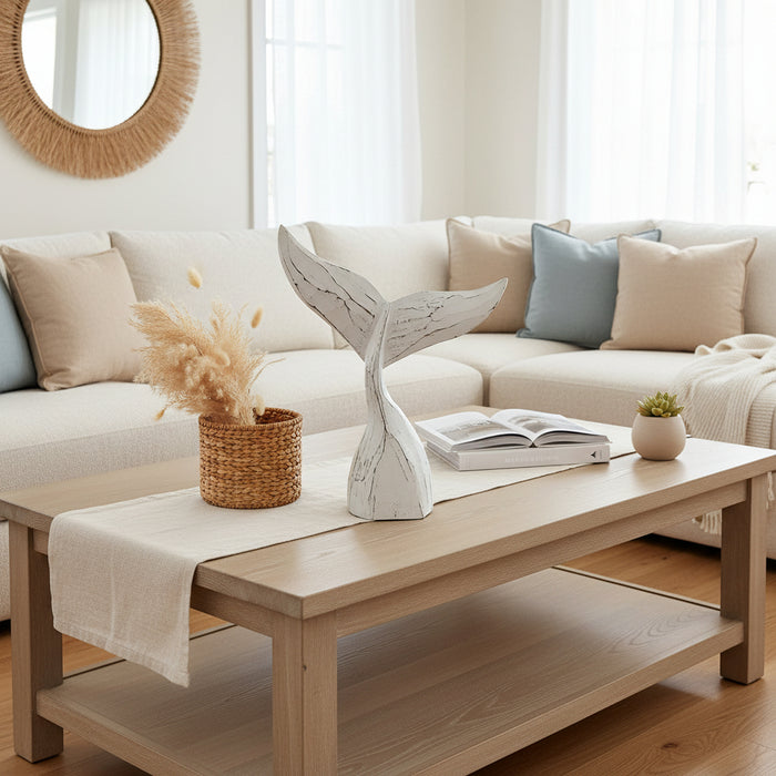 White Wooden Whale Tail decorative statue for coastal balinese style homes