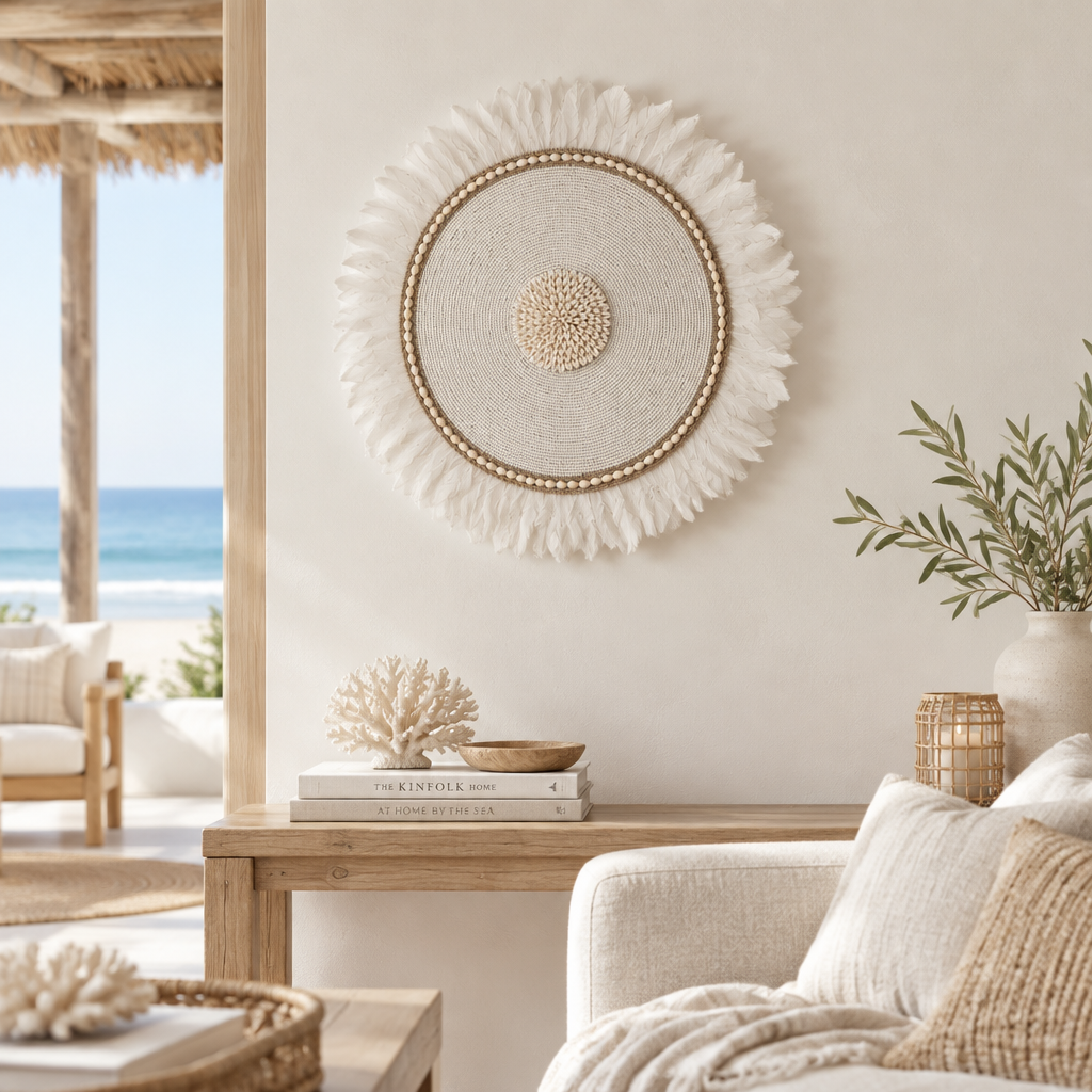Balinese shell and feather juju A round decorative wall hanging or cushion cover with a textured woven center, a circular beaded border, and long white ruffled fringe around the edge, shown against a plain white background.