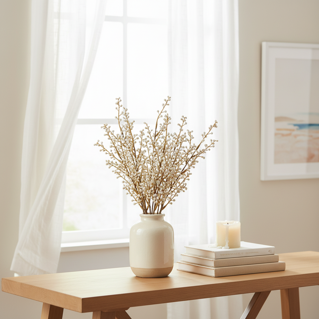 Willow stems in a cream vase near a window filler stem for artifical flowers