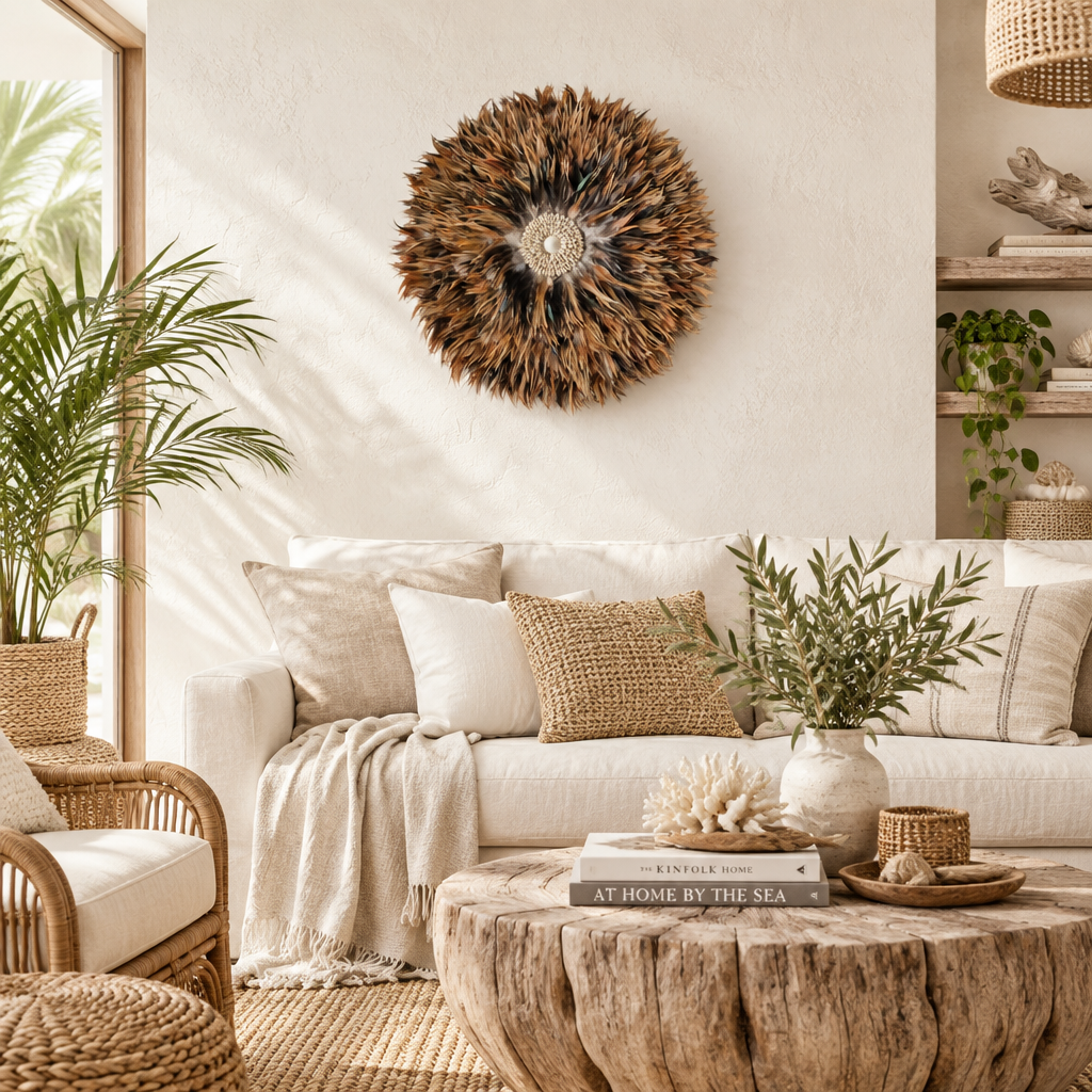 Shop the Zuri  Feather Juju Wall Decor, handcrafted in Bali with chocolate-toned feathers and shells. A statement piece for boho, coastal and earthy interiors.