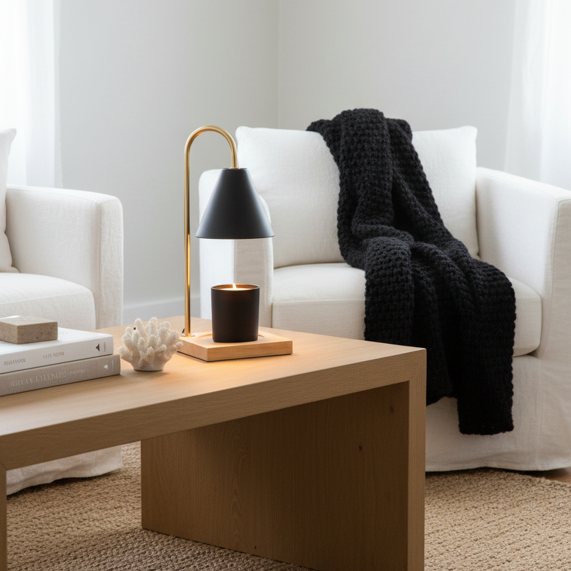 A modern table lamp with a black conical shade, a curved gold metal stem, a light natural wood base, and a matching black cylindrical candle holder on top, shown on a plain white background.