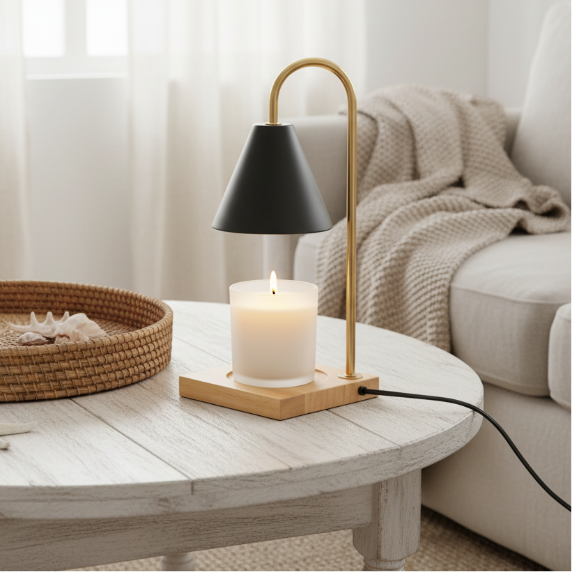 A modern table lamp with a black conical shade, a curved gold metal arm, a light natural wood base, and a white pillar candle placed underneath, shown on a plain white background.