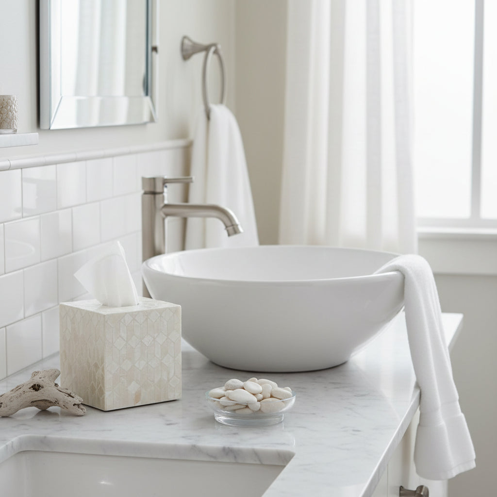 Ivory Shell Inlay Square Tissue Box - Luxe Coastal Home australian beach house decor