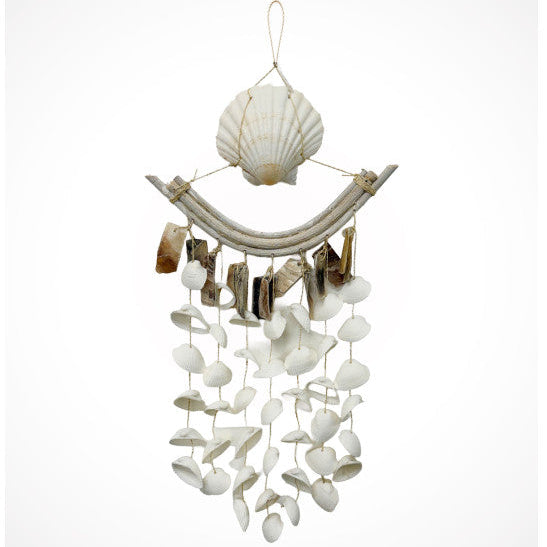 Solange White Rattan and Shell Wind Chime Wall Hanging