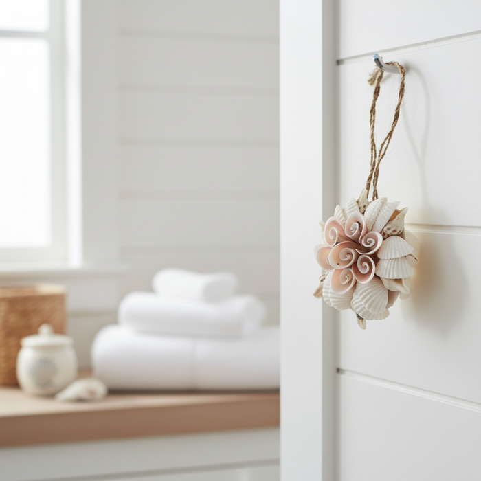 Round shell cluster hanging ornament 10 cm blush coastal decor handmade in Bali with natural shells and hanger